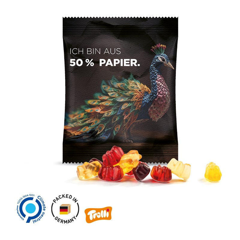 Minitüte,10 g, Folie mit 50% Papieranteil, weiß, Trolli Fruchtgummibären, 30% Fruchtsaftqualität