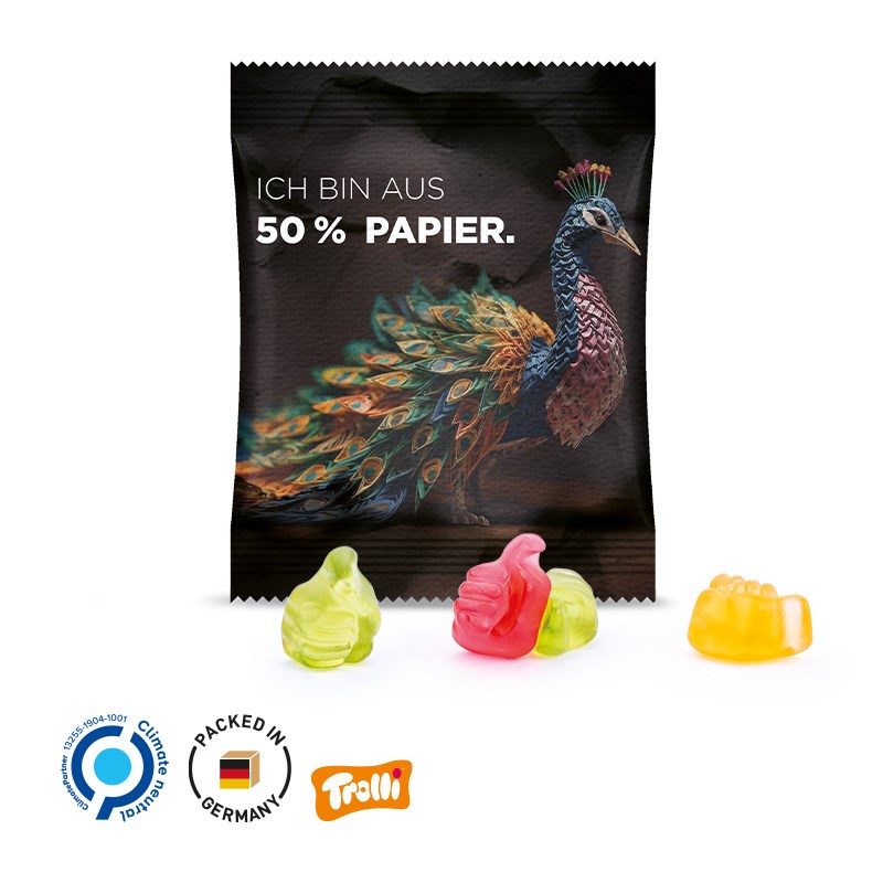 Minitüte, 15 g, Folie weiß mit 50% Papieranteil, Trolli Fruchtgummi Daumen, 10% Fruchtsaft