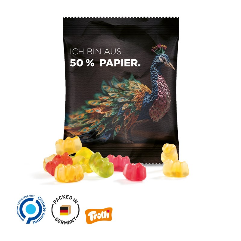 Minitüte, 10 g, Folie weiß mit 50% Papieranteil, Trolli Premium Bärchen, 10% Fruchtsaft